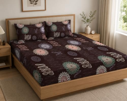 Image of LOOMLYFE 300 TC Cotton Double Bedsheet with 2 Pillow Covers | 90x100 Inches King Size Bed Sheet | Soft, Breathable & Fade Resistant Bedding Set - CircleFlowerBrown