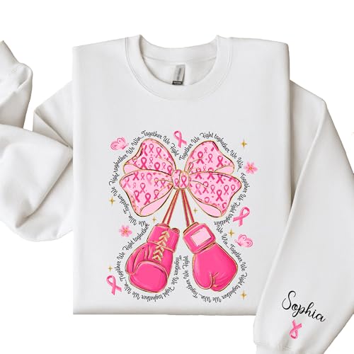 Custom Breast Cancer Awareness With Name on Sleeve Sweatshirt, Preppy Pink Bow Boxing Gloves Shirt, Cancer Support T-Shirt, This Is My Fight Breast Cancer Tee, Pink Ribbon Tee4