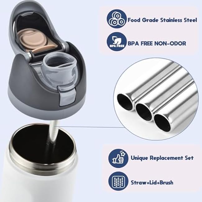 Haundry 2 Pack Replacement Lid for Owala Freesip, One Button Water Bottle Caps with Stainless Steel Straws and Brushes for Owala Cup 16oz 24oz 32oz 40oz, No Leakage Replacement Accessory for Owala