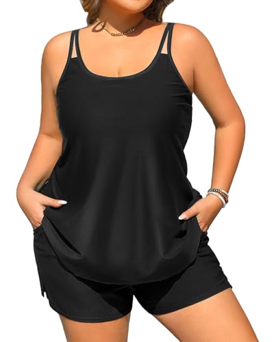 Plus Size Tankini Swimsuits - Women Two Piece Tankini Top with Shorts Flowy Swimsuit 2025 Bathing Suits Black 20W