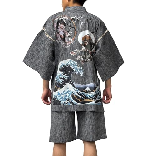 [江戸てん] 甚平 しじら織り 涼しい 夏 綿100％ 捺染プリントオリジナル柄 メンズ 風神雷神波カラー ライトグレー 3L