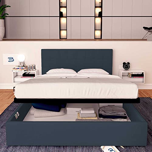 Baldiflex Einzelbett mit Stauraum Dublin aus Kunstleder, Lattenrost, für Einzelbetten, 140 x 190 cm, elegantes Kopfteil, Farbe Nachtblau – Bild 3