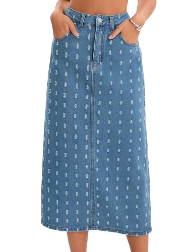 Women Denim Midi Skirt High Waisted Swiss Dots Back Slit Casual Jean Column Skirt