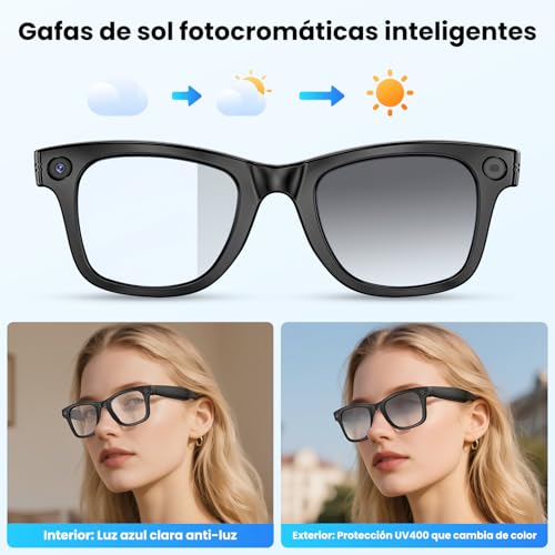 Miniatura 7 de Gafas Inteligentes con Camara 8MP, Gafas con IA Bluetooth/WiFi, Smart Glasses con Fotografía/Grabación/Llamadas/Música/Traducción/Reconocimient Imágenes, Lentes fotocromáticas + lentes azules