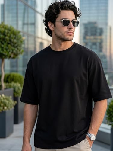 Image of Urbano Fashion Men's Solid Round Neck Oversized Half Sleeve Cotton T-Shirt