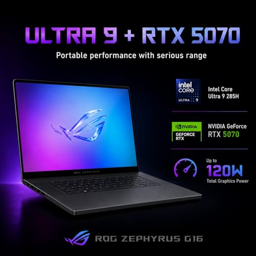 Image of ASUS ROG Zephyrus G16 All-Around Gaming Laptop, 16 inch 2.5K OLED 240Hz Display, Intel Core Ultra 9 285H, GeForce RTX 5070, 16GB RAM, 1TB PCIe 4.0 SSD, Wi-Fi 7, Bag-Ready Notebook, Eclipse Gray