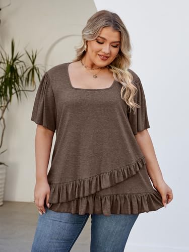 Womens Plus Size Tops Dressy Casual Blouses Square Neck Ruffle Hem Tunic Summer Going Out Shirts Short Sleeve 20254