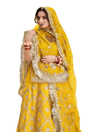 Image of Heavy Embroidery Work Semi Stitched Shimmer Silk Rajputi Poshak For Women Rajasthani Lehenga Choli