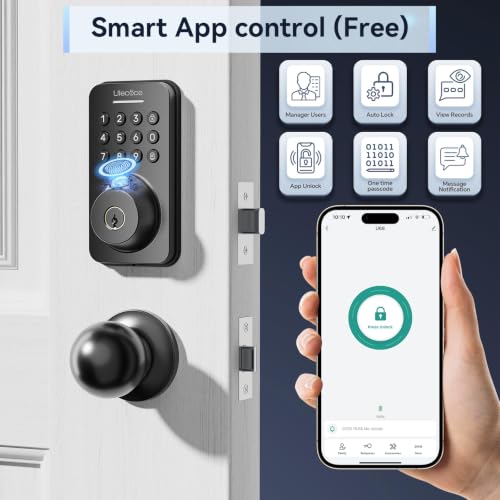 Image of Ulecoce Fingerprint Keypad Deadbolt with Knob Set, Keyless Entry Door Lock with App Control, Door Locks for Front Door, Auto Lock&One-Touch Lock, 100+ User Codes&5 Keys, Easy Installation, Matte Black