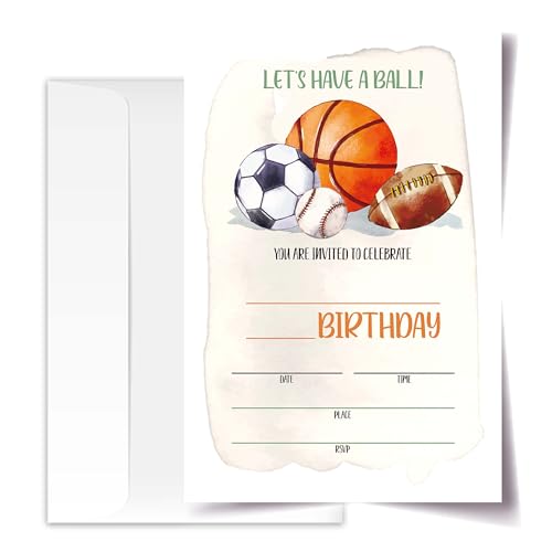 Invitaciones de cumpleaños deportivas que no se doblan con 20 sobres rígidos de 4x6