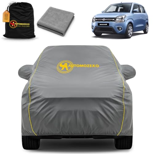 Image of Maruti WagonR Waterproof Car Cover with Mirror Pockets Triple Stitched Bottom Elastic Adjustable Belt & Cotton Inner Layer All Weather Protection Against Scratches Rain Dust UV Rays-Grey