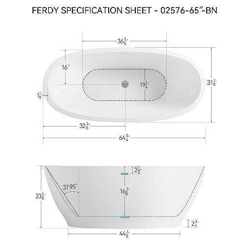 Ferdy Koh Samui 65" Freestanding Bathtub, Elegant Oval Shape, Double Walled Insulation Bathtub With Center Brushed Nickel Drain & Minimalist Linear Design Overflow #TOP4