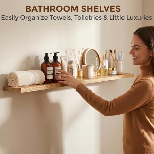 Image of Dreamland 72 Inch Floating Shelves for Wall, Solid Elm Wood Wall Shelves for Living Room, Bedroom, Kitchen, Bathroom, Wall Mounted Long Floating Shelf Set of 1, Natural