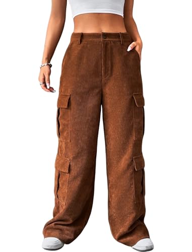 Corduroy Cargo Pants for Women Wide Leg Mid Rise Loose Fit Trousers with Pockets