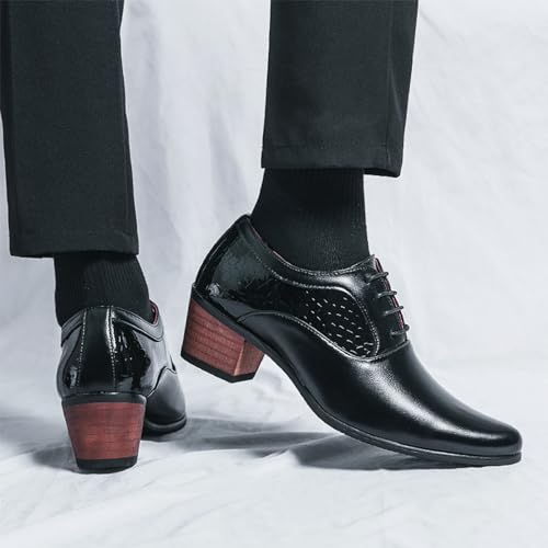 Men's Leather Derby Oxfords Shoes Classic Lace-up Low Top Pointed Toe Embossed Block High Heel Business Wedding Dress Shoes (Black Matte Leather,6,Male) by Lossarye - Used condition - Image 7