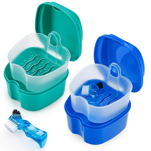 2 Pack Color Retainer Cleaner Case Denture Cups for Soaking Dentures, 