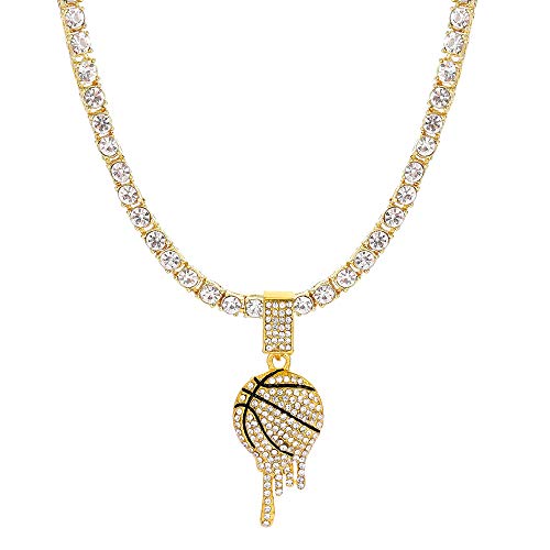 HH Bling Empire Mens Iced Out Hip Hop Silver Gold Artificial Diamond NBA Basketball Related Pendant cz Tennis Chain Necklace 22 Inch (Dripping Basketball -Gold, with Tennis)
