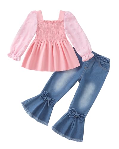 Image of Kucnuzki Toddler Kids Girl Clothes Long Sleeve Shirt Tops Baggy Jeans Cute Pants Set Baby Girl Outfit 2 Piece Clothing