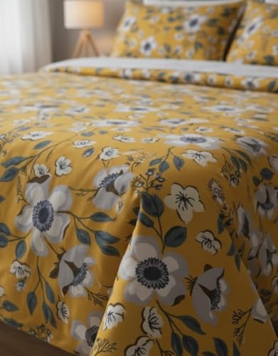 Image of Premium Glace Cotton Flat Double Bedsheets, 90 x 100 Inches with 2 King Size Pillow Cover 17 x 27 Inches, Floral (Yellow)