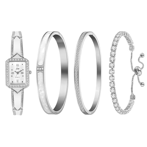 JewelryWe Damenuhr Armreif Set Silber: 4 Stück Damen Glitzer Strass Rechteckig Quarz Uhr und Armband Schmuckset Elegant Diamant Armbanduhr Tennisarmband Armkette Geschenk für Frauen Mädchen Freundin
