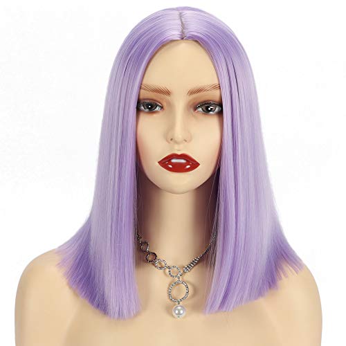 Purple Wig Bob Middle Part Synthetic Hair Straight Wigs For Women Shoulder Length Light Purple Wig Short Synthetic Colored Wig 14inch (Purple Wig)