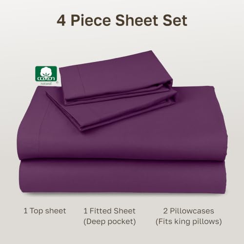 Image of California Design Den Deep Pocket King Sheet Set - Natural 100% Cotton Sheets King Size, Soft Sateen Weave, All Around Elastic, Breathable and Durable Bedding - Purple Passion
