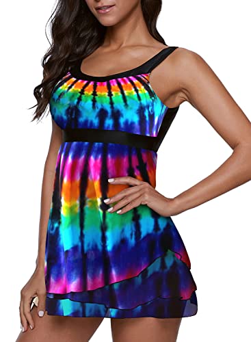 Reachme Womens Maternity Tankini Sets Sexy Two Pieces Pregnancy Swimsuits Ruffled Mesh Swimdress With Boyshorts(05 Tie Dye,Xl) #TOP2