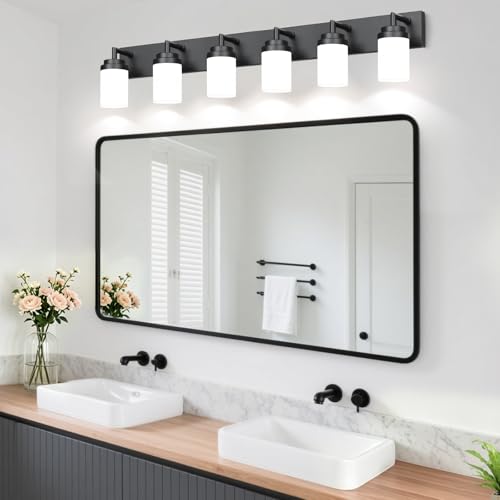 Image of Bathroom Light Fixtures, Matte Black Bathroom Lighting Fixtures Over Mirror, Modern Vanity Light with White Glass Shade, Restroom Lighting Fixtures, 6-Light 46-inch