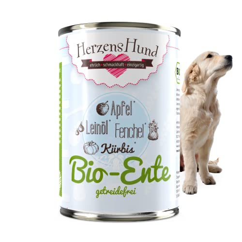 HerzensHund® (12 x 400g) | Bio-Ente Hundefutter mit Bio-Gemüse für ausgewachsene Hunde | glutenfrei | Super Premium Nassfutter für Erwachsene Hunde | 12er Pack