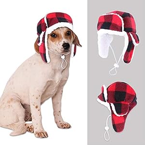 SEIS Christmas Dog Hat with Earmuffs Winter Adjustable Pet Red Plaid Pet Cap Xmas Dog Headwear for Small Medium Large Dogs