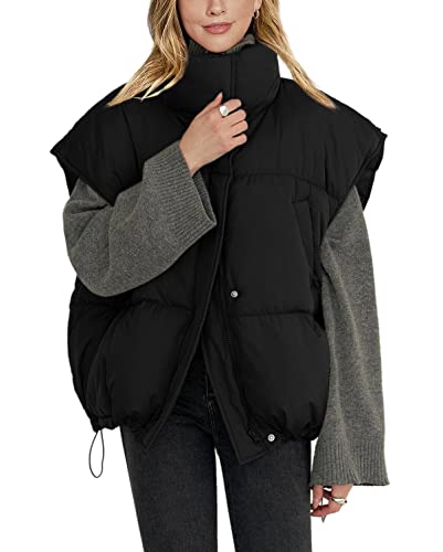 Veatzaer Womens Oversized Puffer Vest Outerwear Stand Collar Drawstring Hem Sleeveless Jackets Zip Warm Winter Coats
