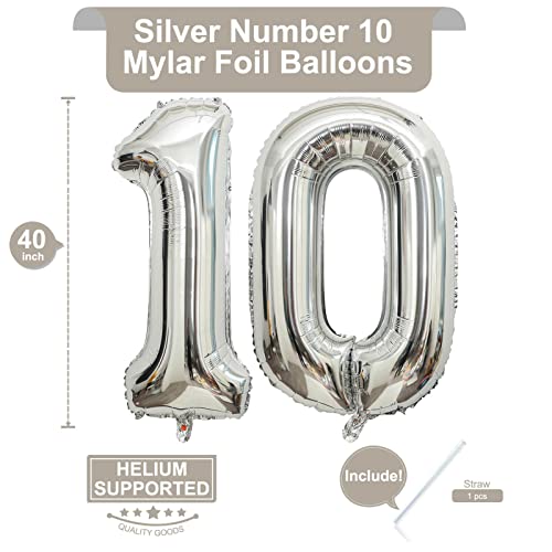 Image of 40 Inch Silver 10 Number Balloons Giant 10 Balloons Silver Birthday 10 Balloons 10th Birthday Anniversary Events Party Decorations Supplies