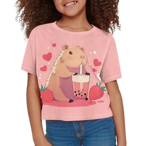 Image of Girls Fashion Crewneck Tee Shirts Casual Short Sleeve Crop Top Summer Outfits 5-14 Years Old