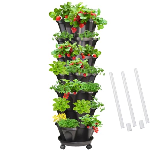 Tectsia Strawberry Vertical Planters, 7 Tiered Stacking Tower Garden with Support Pole, Stackable Herb Vegetable Planters Indoor and Outdoor - Black