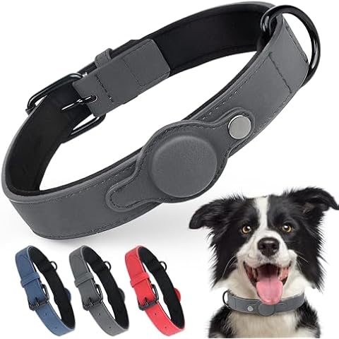 PetiFine AirTag Dog Collar, Leather Dog Collar with Airtag Holder,Soft Padded Apple Air Tag Dog Collar with Adjustable Rust-Proof Metal Buckle for Small Medium Large Dogs(S,Grey) Cover