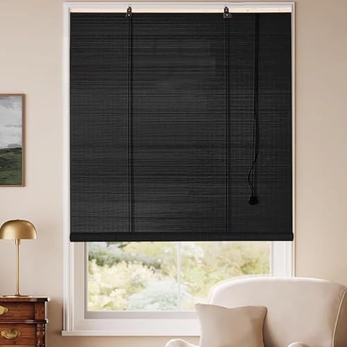 Bambusrollo,Bambus Rollo Aussenbereich Schwarz,Sichtschutz Sonnenschutz Jalousie für Fenster und Türen,Lichtfilter Seitenzugrollo, Anpassbar Raffrollo für Hofgarten Balkon