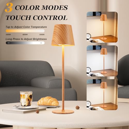 Image of Kakanuo Cordless Table Lamp Rechargeable - Wood Grain 2 Pack 5000mAH Battery Operated Lamp for Counter, 3 Color Stepless Dimming Wireless Lamp for Dining Kitchen, Outdoor Patio, Touch Control