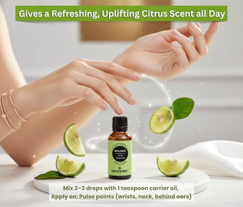 Image of Earth N Pure Bergamot Essential Oil | 100% Pure Natural Therapeutic Grade | Steam Distilled Citrus Bergamia Peel Oil | For Diffuser, Aromatherapy, Skin Care, Hair Care & DIY | 15ml