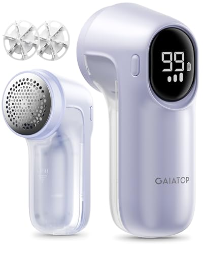 Gaiatop Fabric Shaver Rechargeable, Electric Lint Remover with LED Display, 6 Leaf Blade, 3-Speed Sweater Depiller for Clothes, Furniture, Couch, Fuzz, Purple
