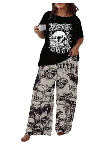Verdusa Women's Plus Size 2 Piece Skull Graphic Pajama Set Gothic Short Sleeve Tee Top and Pants Loungewear