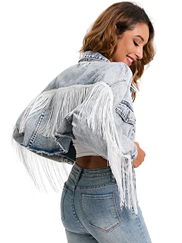 Justalwart Fringe Jean Jacket Women Cropped Denim Jacket,Acid Blue Washed (8-10 US)