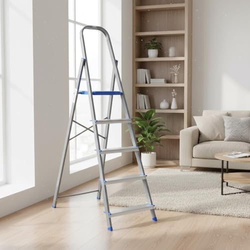Image of Nilkamal Rise 5 Step Heavy Duty Steel Ladder with Aluminium Steps | for Home Use | Climb Easy Anti-Slip Steps | Secure Safety Clutch Lock | 150 kg Capacity | 1 Year Warranty