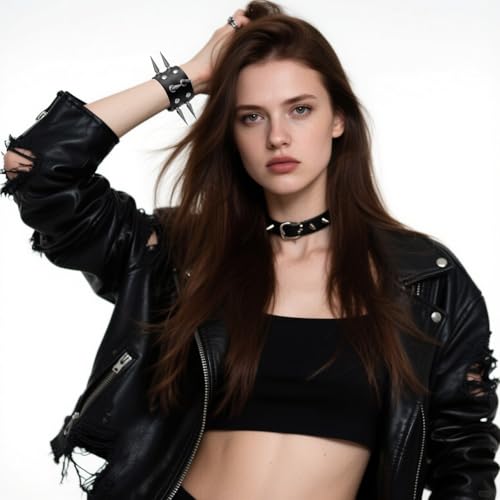 9 Pieces Punk Studded Goth Bracelet Leather Rivets Bracelet Cuff Adjustable Wristband Gothic Accessories for Men Women Halloween3