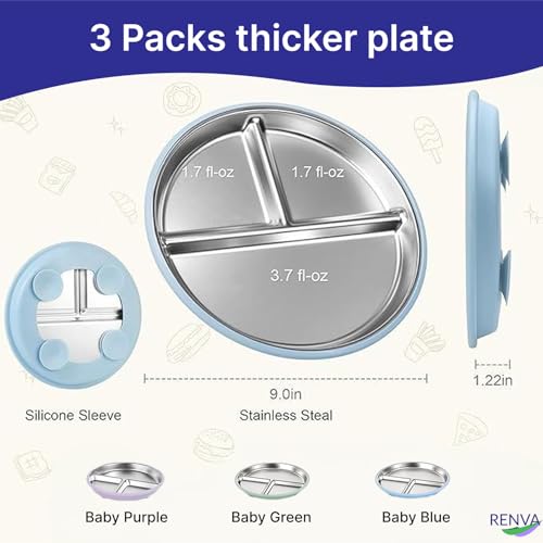 Image of RENVA Stainless Steel Kids Plates Suction Plate for Baby,Divided Toddler Plates with Removable Silicone Sleeves for Mess-Free Feeding, Non-Toxic, Non-Slip (Blue, 1 Plate)