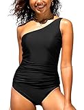 Hilor Women's One Piece Swimsuits Shirred One Shoulder Swimwear Asymmetric Bathing Suit Cutout...