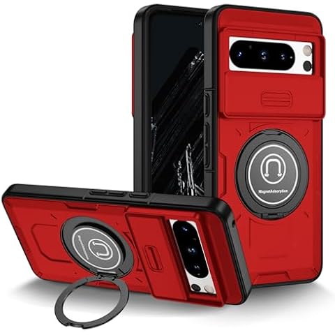 SUPWALL Designed for Google Pixel 7 Pro Bumper Case with Slide Lens Protective Military Grade Case with 360° Rotate Magnetic Ring Compatible with Magsafe Shockproof Kickstand Phone Cover - Red Cover