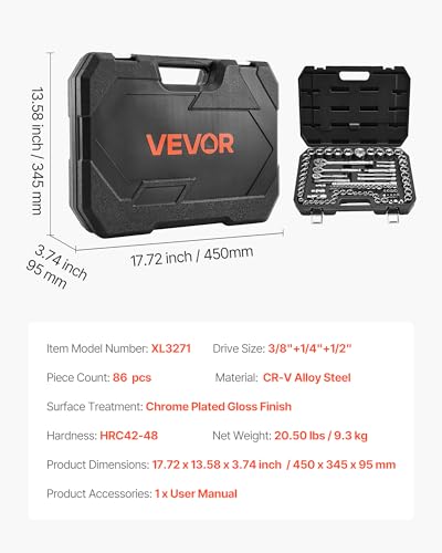 Image of VEVOR Socket Set, 86 Pieces, 3 /8 & 1 /4 & 1 /2 inch Drive Socket and Ratchet Set, SAE and Metric, Mechanic Tool Kit with Ratchet Wrench, Accessories and Storage Case, CR-V Alloy Steel, for Auto Repair