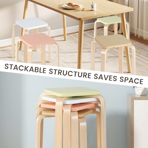 Image of GLACER Stackable Stools, 18-Inch Wooden Student Chair Set of 4 w /Square Top, Anti-Slip Foot Pad, Flexible Seating for Elementary, Classroom Stools for Dining Room Office Kitchen (Assorted Color)