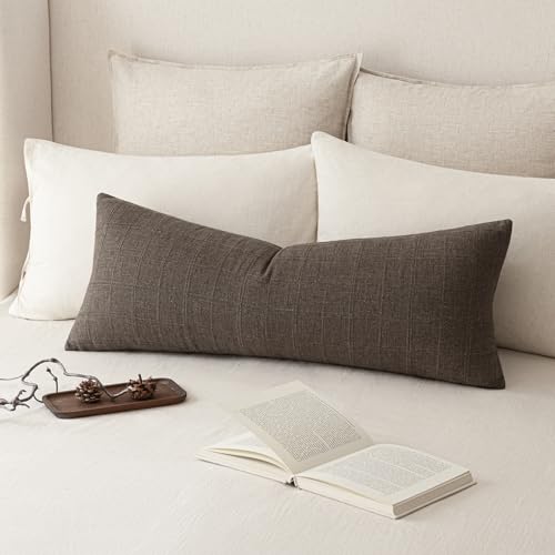 Image of Foindtower Set of 1 Decorative Linen Check Throw Pillow Cover Neutral Farmhouse Lumbar Cushion Cover Soild Modern Boho Home Decor for Sofa Chair Couch Bedroom Living Room,14x36 Inch,Dark Brown