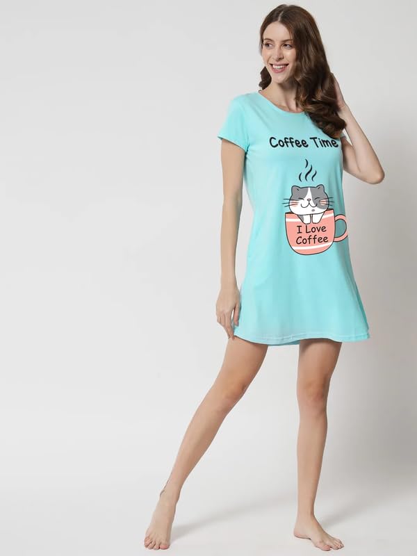 Image of Fflirtygo Women's Cotton Nighty | Printed Knee Length Night Gown |Relaxed Fit Nightwear |Short Nightdress| Long T-Shirt | Sleepwear & Casual Wear Nighty (Pack of 2)